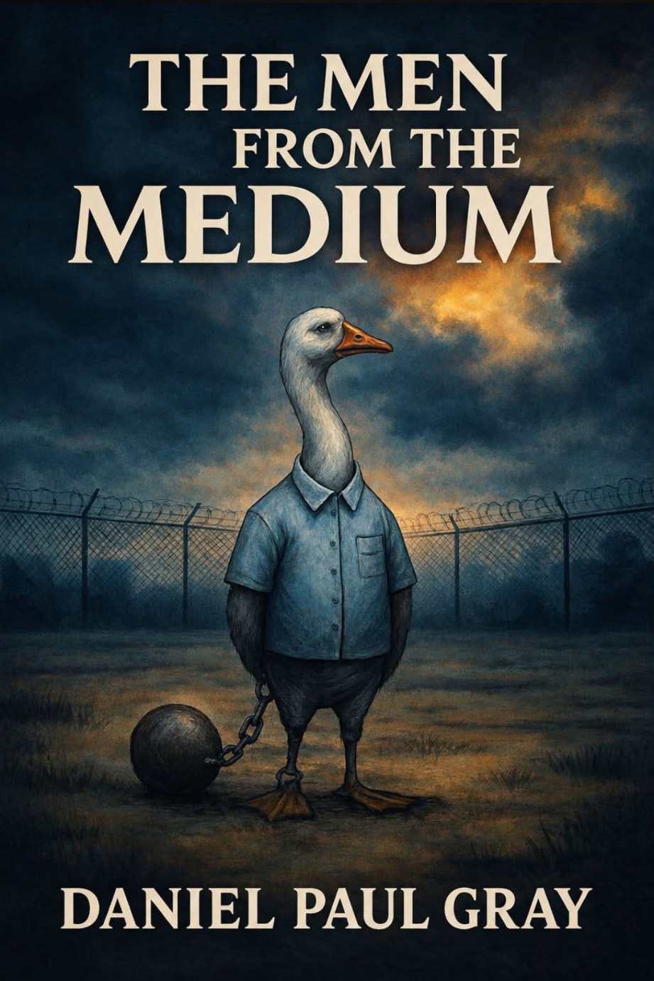 The Men From the Medium book cover — a goose in prison clothes standing in a fenced yard beneath a breaking dawn